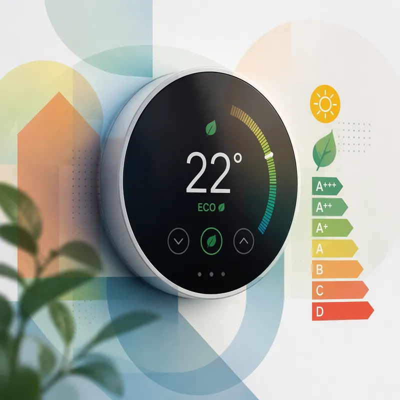Digitaalinen älytermostaatti seinällä energiatehokkuuden symbolina Digitaalinen älytermostaatti seinällä energiatehokkuuden symbolina