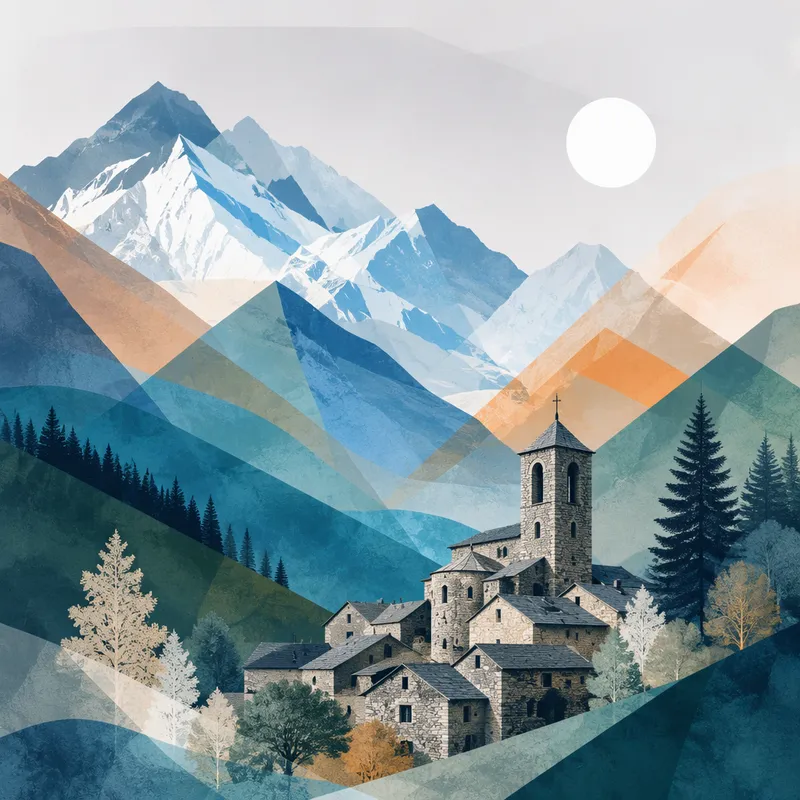 Perinteinen kivitalo ja vuoristomaisema Andorrassa Perinteinen kivitalo ja vuoristomaisema Andorrassa