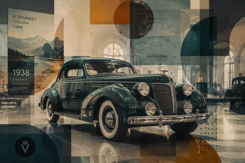 Entisöity klassikkoauto museon valaistussa näyttelytilassa Entisöity klassikkoauto museon valaistussa näyttelytilassa
