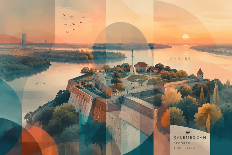 Kalemegdanin linnoitus ja jokien yhtymäkohta auringonlaskun aikaan Kalemegdanin linnoitus ja jokien yhtymäkohta auringonlaskun aikaan