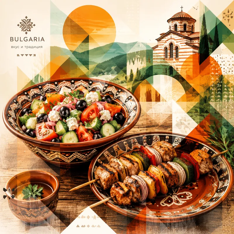 Perinteistä bulgarialaista ruokaa puisella pöydällä Perinteistä bulgarialaista ruokaa puisella pöydällä