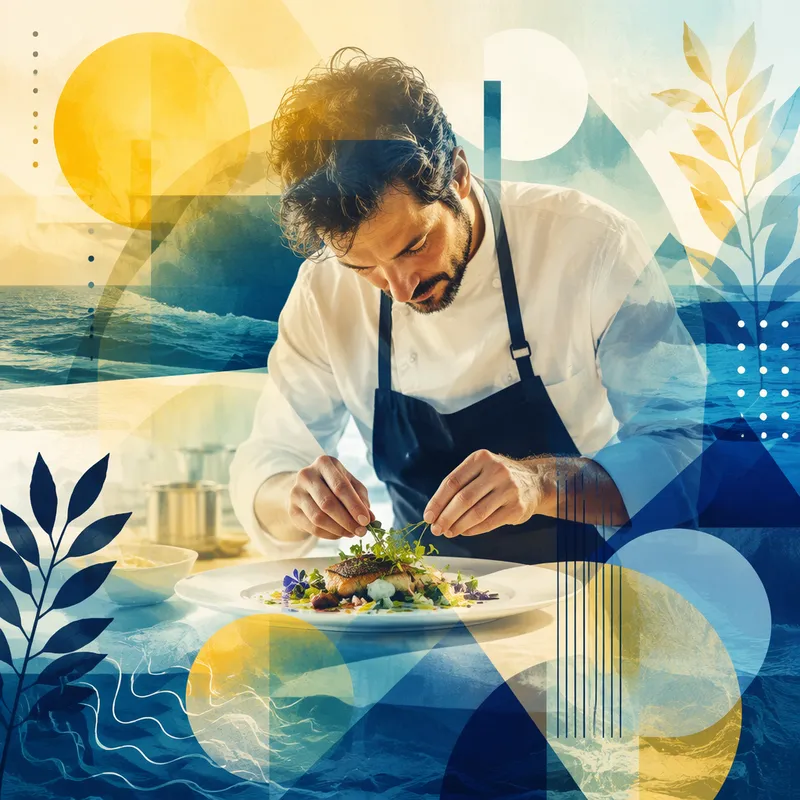 Kokki valmistamassa gourmet-annosta laivan ravintolassa Kokki valmistamassa gourmet-annosta laivan ravintolassa