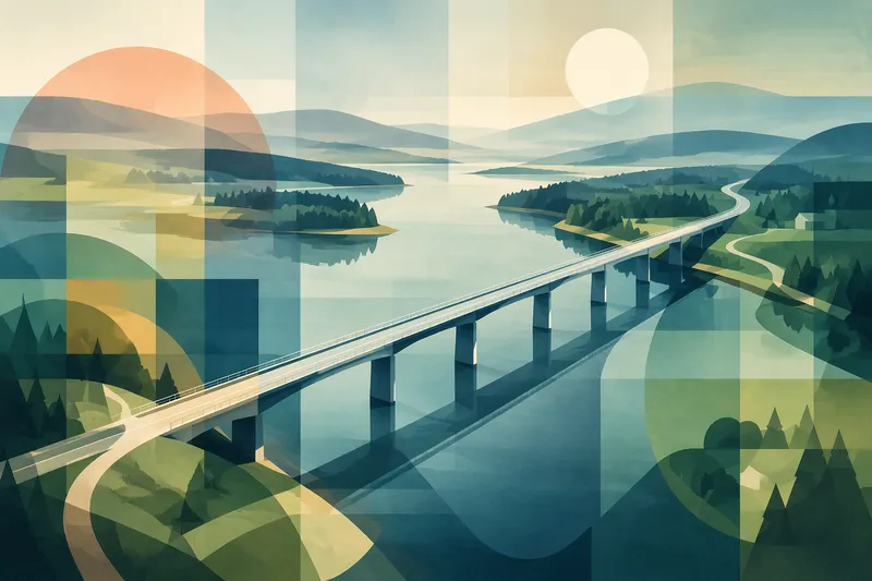 Silta ylittää leveän joen vehreässä ympäristössä Silta ylittää leveän joen vehreässä ympäristössä