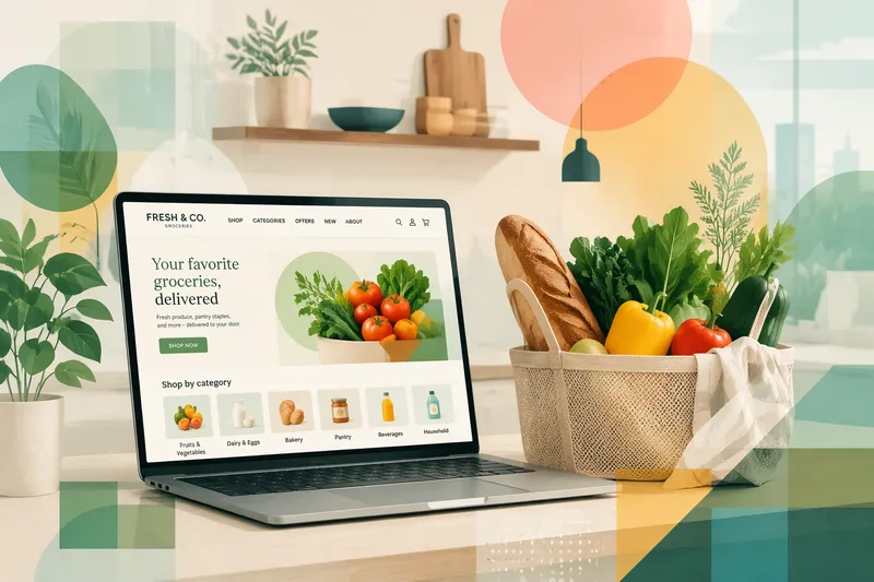 Ostoskorillinen tuoreita elintarvikkeita ja kannettava tietokone keittiössä Ostoskorillinen tuoreita elintarvikkeita ja kannettava tietokone keittiössä