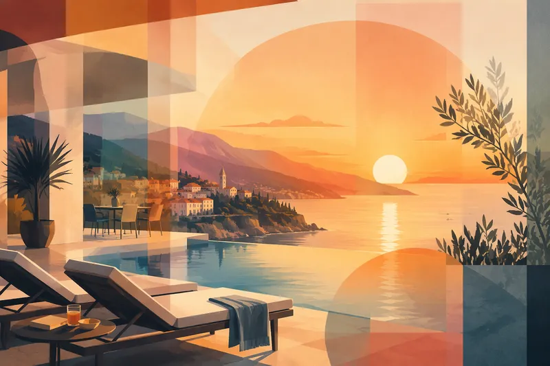 Moderni hotelli Albanian rannikolla auringonlaskun aikaan Moderni hotelli Albanian rannikolla auringonlaskun aikaan