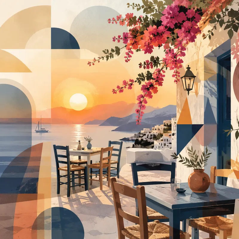 Kreikkalainen taverna meren rannalla auringonlaskun aikaan Kreikkalainen taverna meren rannalla auringonlaskun aikaan