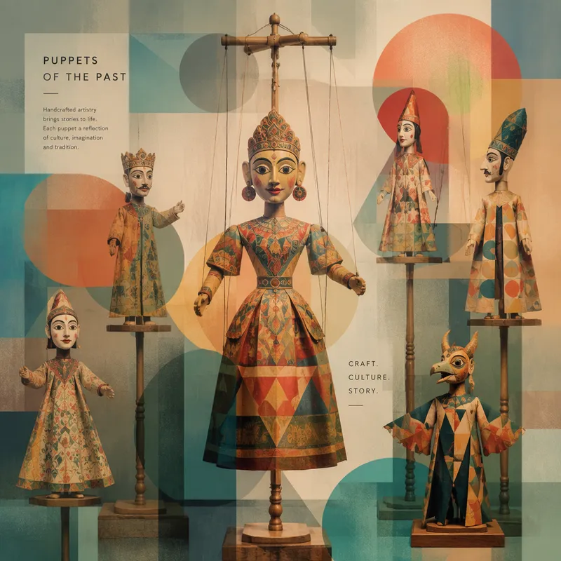 Vanhoja koristeellisia teatterinukkeja museon näyttelyssä Vanhoja koristeellisia teatterinukkeja museon näyttelyssä