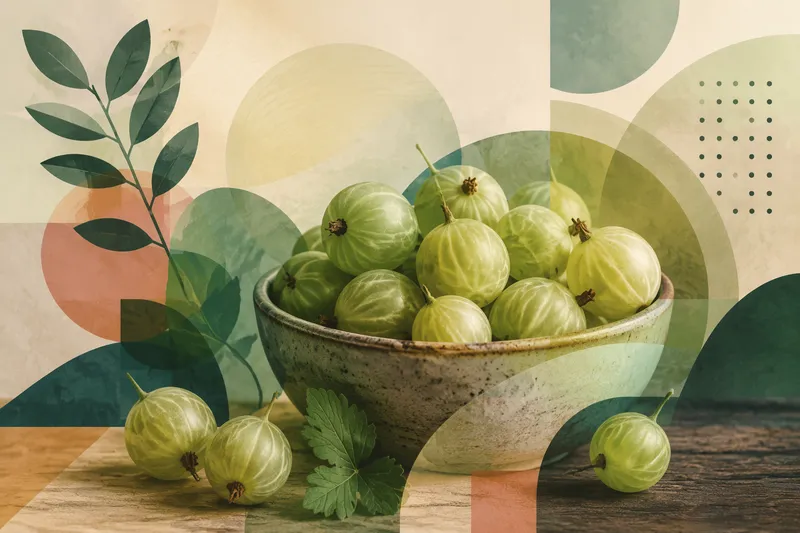 Kulhollinen tuoreita karviaisia puupöydällä
