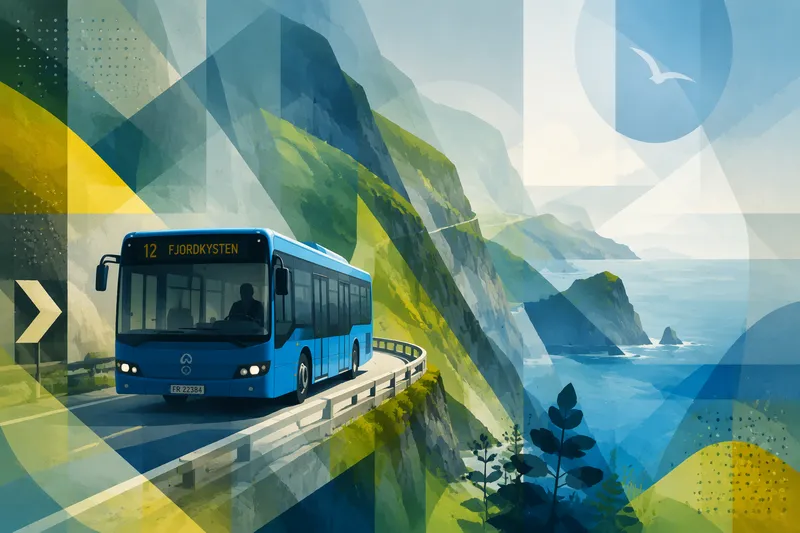 Sininen bussi ajamassa vihreässä vuoristomaisemassa