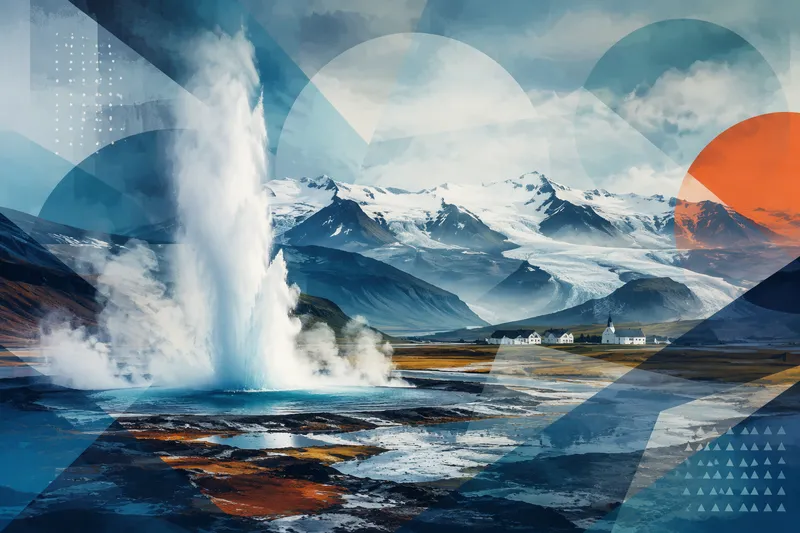 Islannin dramaattinen maisema, jossa on geysir ja jäätiköitä Islannin dramaattinen maisema, jossa on geysir ja jäätiköitä