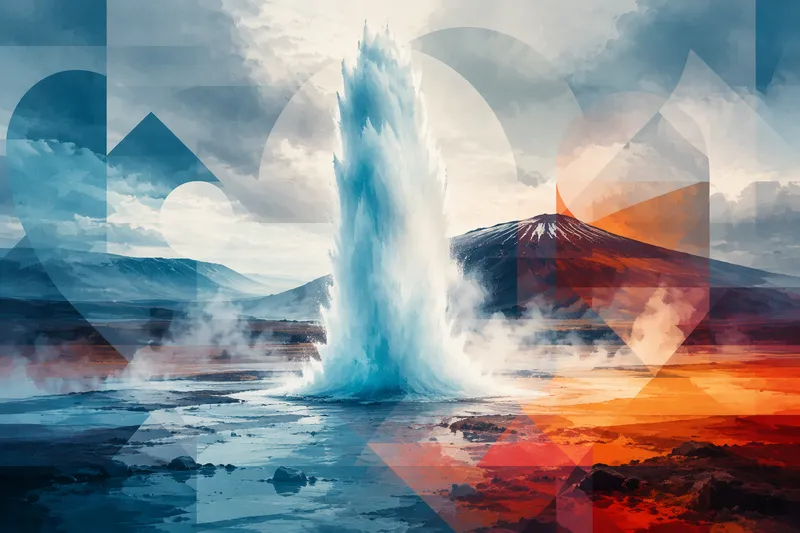 Geysir purkautuu dramaattisessa vulkaanisessa maisemassa Geysir purkautuu dramaattisessa vulkaanisessa maisemassa
