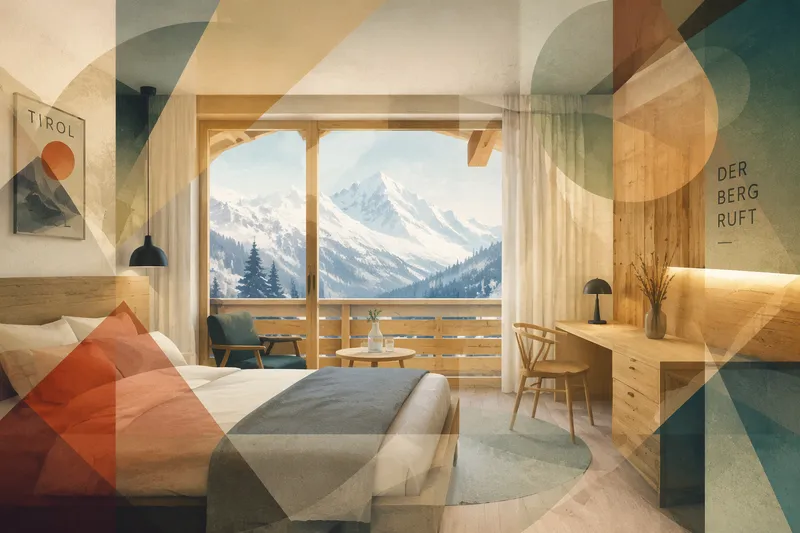 Itävaltalainen hotellihuone alppimaisemalla Itävaltalainen hotellihuone alppimaisemalla