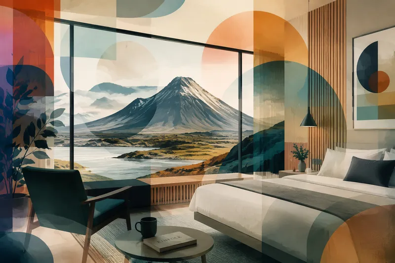 Moderni hotellihuone vuoristomaisemalla Moderni hotellihuone vuoristomaisemalla