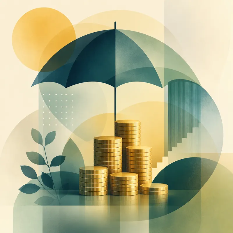 Kultaisten kolikoiden pino ja sateenvarjo symboloimassa taloudellista turvaa