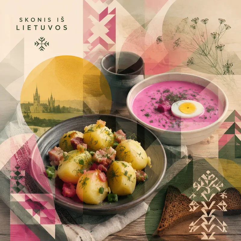 Perinteisiä liettualaisia ruoka-annoksia puupöydällä Perinteisiä liettualaisia ruoka-annoksia puupöydällä
