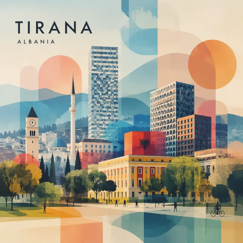 Tiranan moderni kaupunkimaisema ja urbaania arkkitehtuuria Tiranan moderni kaupunkimaisema ja urbaania arkkitehtuuria
