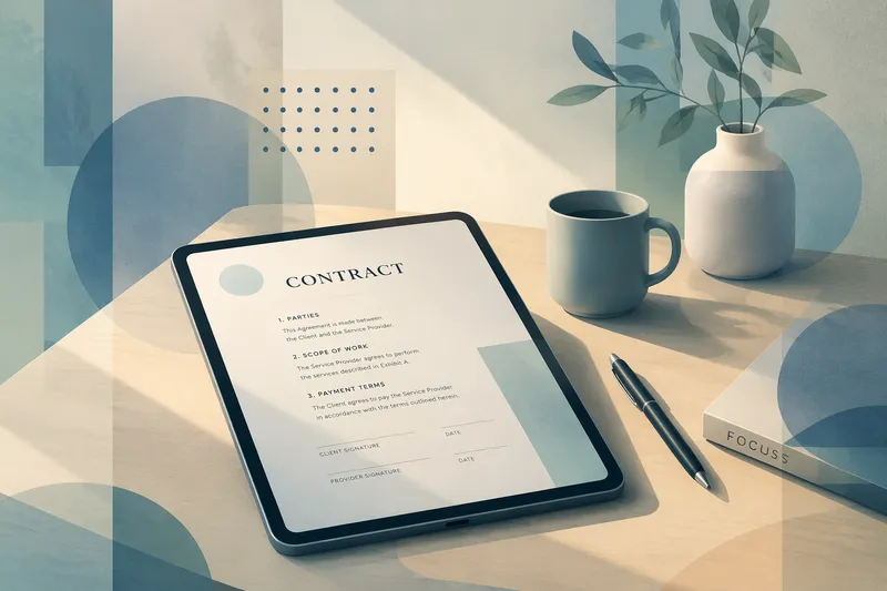 Digitaalinen sopimusasiakirja tabletilla pöydällä Digitaalinen sopimusasiakirja tabletilla pöydällä