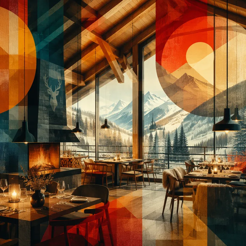 Moderni ravintola vuoristomaisemalla Moderni ravintola vuoristomaisemalla