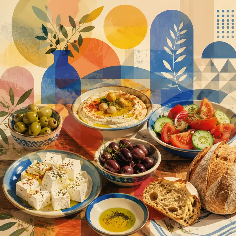 Perinteisiä kreikkalaisia meze-alkupaloja puupöydällä Perinteisiä kreikkalaisia meze-alkupaloja puupöydällä