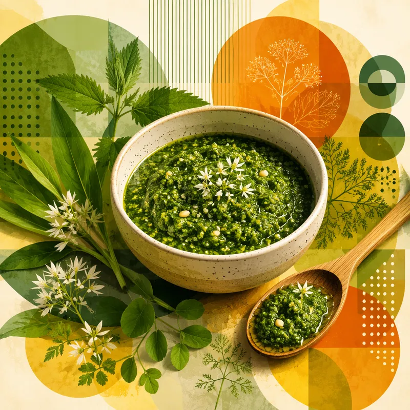 Kotitekoinen villiyrttipesto kulhossa Kotitekoinen villiyrttipesto kulhossa