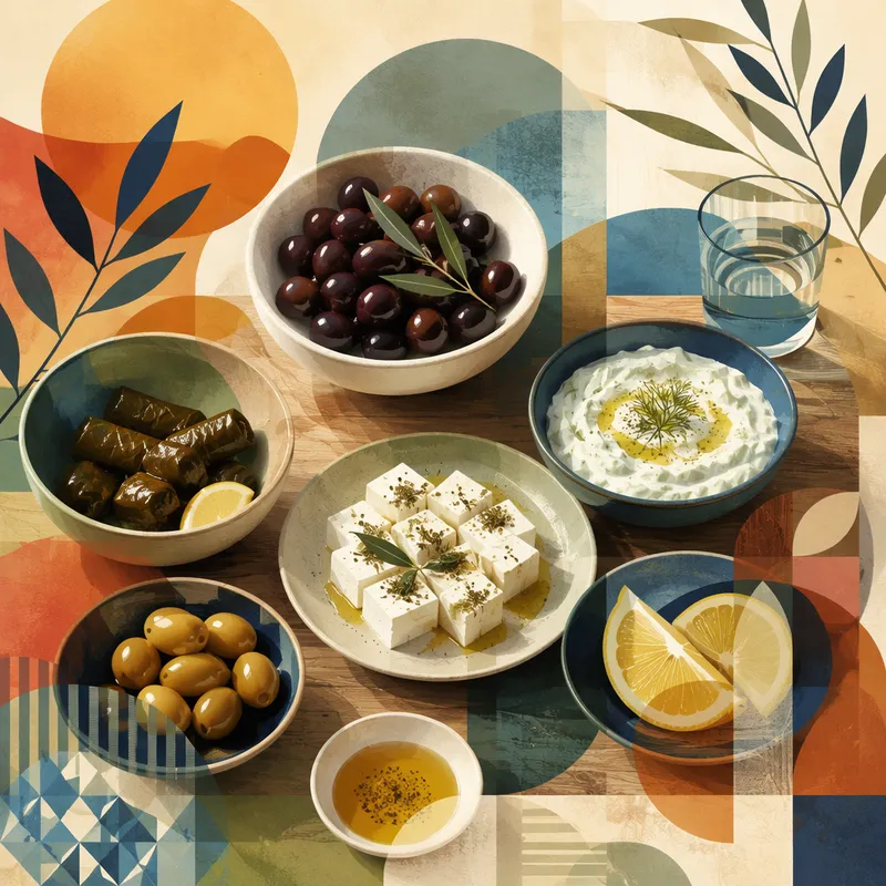 Perinteisiä kreikkalaisia meze-annoksia jaettavaksi Perinteisiä kreikkalaisia meze-annoksia jaettavaksi
