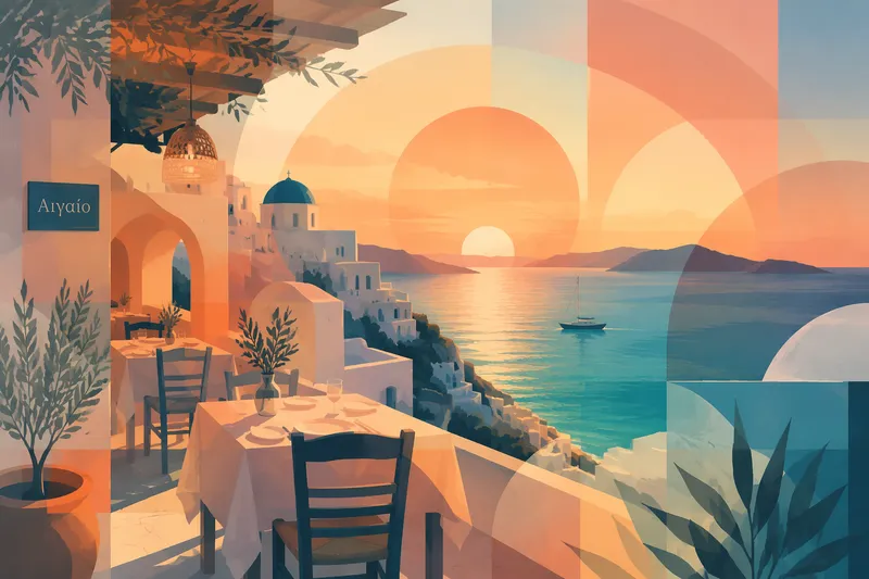 Ravintola meren rannalla Samoksella auringonlaskun aikaan Ravintola meren rannalla Samoksella auringonlaskun aikaan