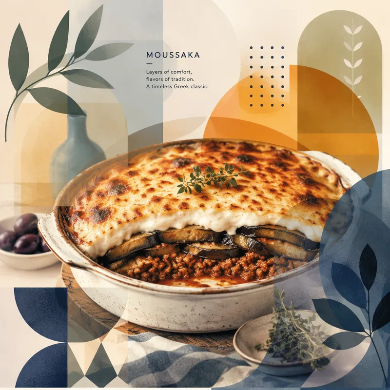 Perinteinen moussaka-annos tarjoiltuna Perinteinen moussaka-annos tarjoiltuna