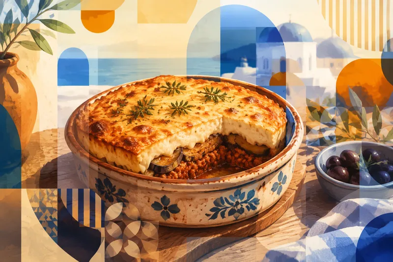 Perinteistä kreikkalaista moussakaa tarjoiltuna rustiikkisella lautasella Perinteistä kreikkalaista moussakaa tarjoiltuna rustiikkisella lautasella