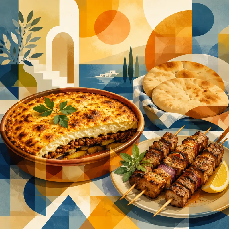 Moussakaa ja souvlaki-vartaita tarjoiltuna pöydässä Moussakaa ja souvlaki-vartaita tarjoiltuna pöydässä