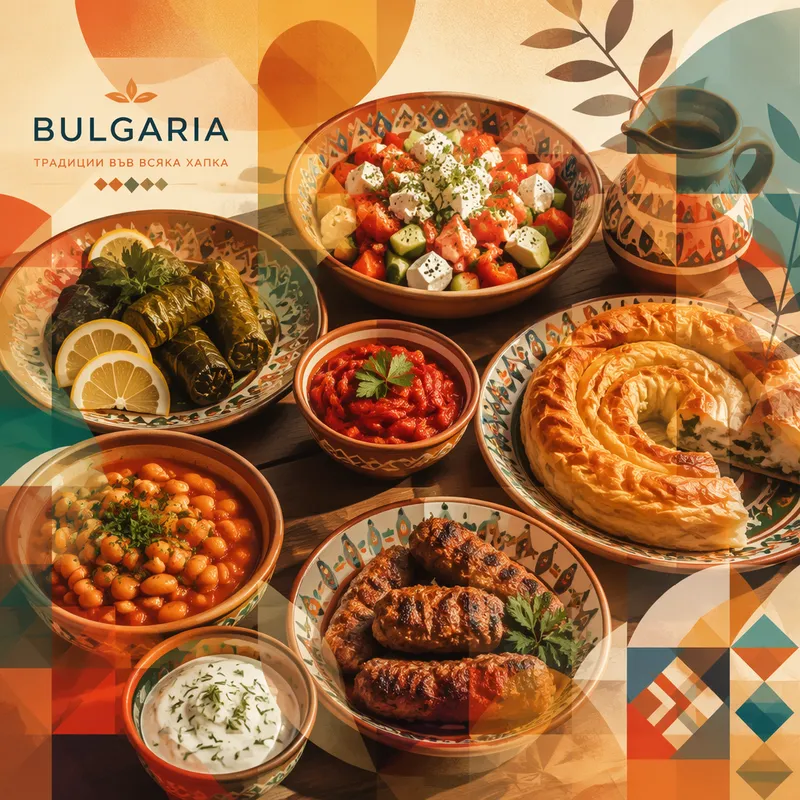 Bulgarialaisia perinneruokia tarjoiltuna pöydässä Bulgarialaisia perinneruokia tarjoiltuna pöydässä