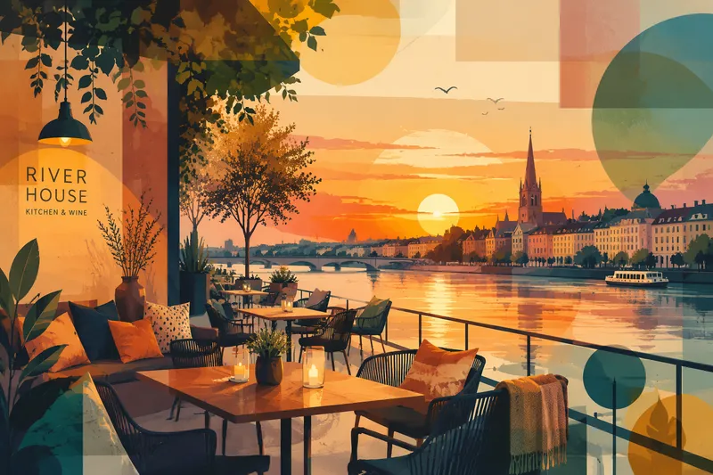Ravintola Tandem Tonavan rannalla auringonlaskun aikaan Ravintola Tandem Tonavan rannalla auringonlaskun aikaan