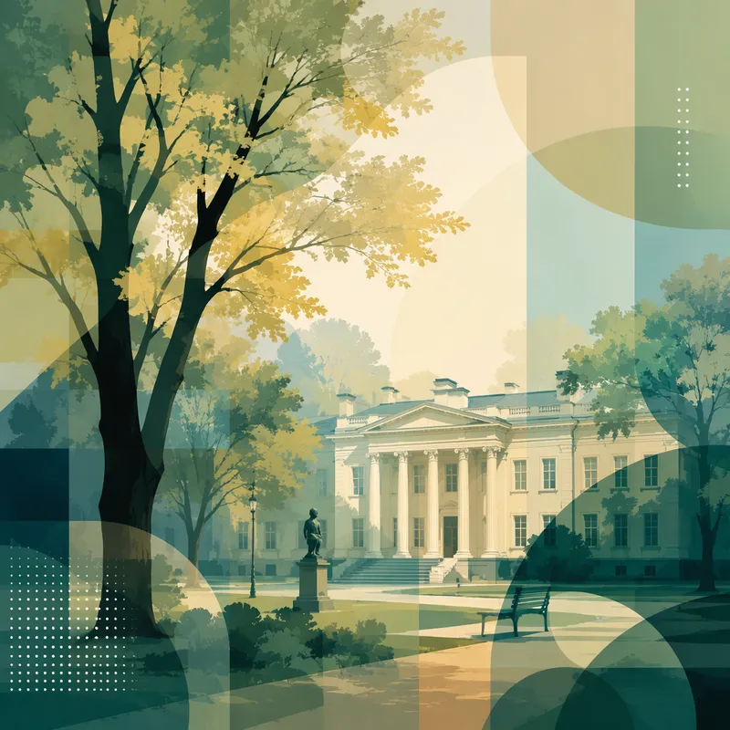 Historiallinen rakennus vehreän puiston ja vanhojen puiden ympäröimänä Historiallinen rakennus vehreän puiston ja vanhojen puiden ympäröimänä