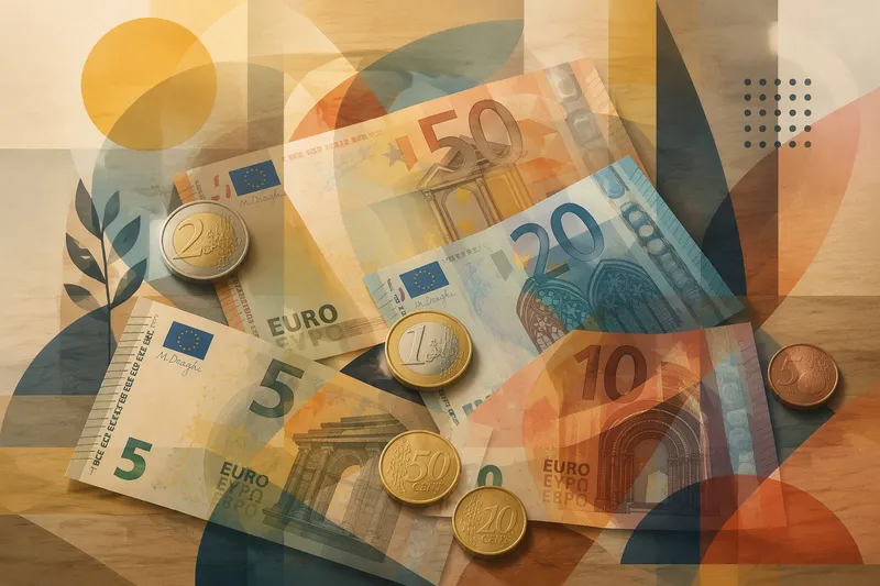Euroseteleitä ja kolikoita puupöydällä Euroseteleitä ja kolikoita puupöydällä