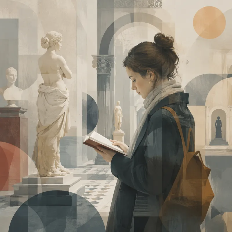 Matkailija tutustumassa Vatikaanin museoalueen taideaarteisiin Matkailija tutustumassa Vatikaanin museoalueen taideaarteisiin