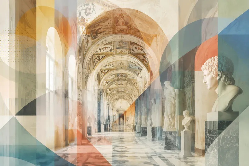 Pitkä ja koristeellinen museokäytävä veistoksineen Pitkä ja koristeellinen museokäytävä veistoksineen