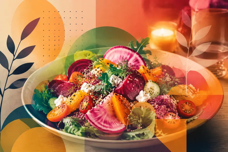 Värikäs ja terveellinen kasvisannos ravintolapöydässä Värikäs ja terveellinen kasvisannos ravintolapöydässä