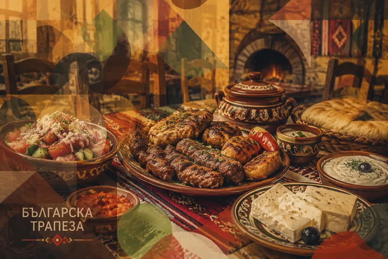 Perinteinen bulgarialainen ateria ja paikallisia herkkuja Perinteinen bulgarialainen ateria ja paikallisia herkkuja